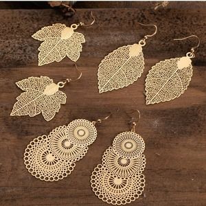 3 Pair Set Filigree Leaf Waterdrop Dangle Earring
